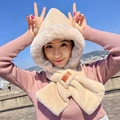 Detail shot of plush beige 2-in-1 hood scarf with brand leather patch decoration - Off-white - [No Ears]