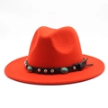 Detail of red wool fedora with black leather band featuring turquoise and silver studs - M (56-58cm) / Orange Red