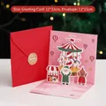3D Pop-up Pink Carousel Christmas Card Set with Red Envelope and Gold Seal Sticker - Christmas Rocking Horse / 12x12cm (Including Envelope/Sticker)