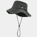 Detail of dark gray washed cotton bucket hat with small airplane embroidery and windproof rope - One Size / Army Green
