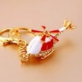 Red and white enamel helicopter keychain with gold plating and sparkling rhinestones - Red Helicopter