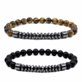 6mm tiger eye and matte black natural stone bead bracelets with hematite accents - Bracelet Set