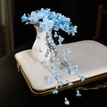 Kids' golden leaf hairband with light blue silk flowers, pearls and long tassels - Lily of the Valley Headpiece-Blue
