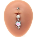 Detail view of heart-shaped devil belly ring with opal and zircon on skin model - Silver Iridescent Devil Heart Style (#13)