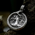 Silver stainless steel Viking Tree of Life pendant with Ouroboros symbol on moss stone - Pendant Only