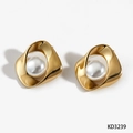Elegant gold twisted square stainless steel earrings with pearl inlay on white background - Gold Earrings (KD3239)