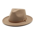 Chapeau fedora classique en laine camel avec large bord et bande décorative en cuir - M (56-58cm) / Khaki Foncé