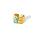 18K gold plated stainless steel open bangle featuring a textured oval turquoise stone - Turquoise Blue Style (TR4070-SS)