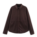 Women's dark brown faux suede long sleeve shirt jacket with a curved hem and clean collar - XS / Coffee