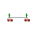 Polished steel nipple barbell with red crystal cherries and green leaf accents - Silver Cherry