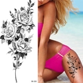 Sketch rose temporary tattoo sticker BK-026 on model thigh for beach summer look - Pattern BK-026