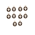 Detailansicht von 10 goldgerahmten schwarzen Emaille-Anhängern mit weißem Kreuz für DIY - 6#-Schwarze Runde