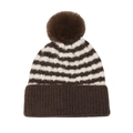 Close-up of thick striped winter beanie with soft brown faux fur pom-pom and ribbed cuff - M (56-58cm) / Coffee