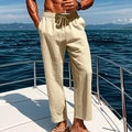 Men's breathable linen drawstring casual pants in beige color for seaside vacation wear - Khaki