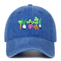 Close-up of vibrant vegetable embroidery on washed blue cotton denim baseball cap - Dark Blue
