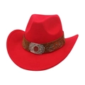 Detail of red wool felt cowboy hat featuring embroidered leather band and turquoise buckle - One Size / Red