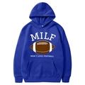 Navy blue hoodie with American football print and humorous MILF text graphic - S / Tops / Dark Blue