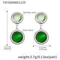 Silver stainless steel earrings with hexagonal green stones and dimensions detail - Steel - Mixed Green Stone (TXF508)