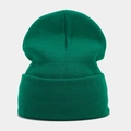 Detailed texture of dark green knitted beanie with elastic ribbed pattern and folded cuff - Malachite green