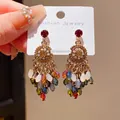 Close-up of ethnic bohemian drop earrings with red stone and multi-color crystal tassels - 4# Silver Earring Post - Boho Colorful Waterdrop Tassel Earrings