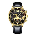 Men's minimalist gold quartz watch with black leather strap and multi-functional chronographs - Gold Case Black Leather Strap