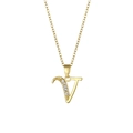 Polished 18K gold letter V pendant necklace with sparkling zircon stones on a cross chain - Letter V