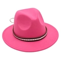 Detail view of rose pink wool felt fedora with star pattern ribbon and metal ring accent - M (56-58cm) / Rose Red