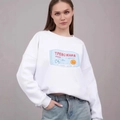 Weißes Sweatshirt mit Rundhalsausschnitt und hellblauem russischem Grafikdruck für Damen - S / Dünner Stil / Weiß