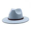 Close-up of light blue wool fedora hat featuring a brown leather band and stitch detail - M (56-58cm) / Sky Blue