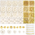 Macro detail of white faux pearls and gold spacer beads set for DIY jewelry making - 24 Grids 1140pcs Pearl & CCB Set