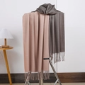 Double-sided cashmere scarf with tassels in dusty pink and taupe grey finish - No.15 Bean Paste