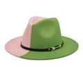 Detail of pink and green two-tone felt fedora with black band and gold buckle - Pink+Fruit Green / M (56-58cm)