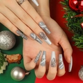 Grey and white Christmas press on nails with glitter snowflakes and rhinestones decor - Grey White Silver Glitter Snowflake (JP2680)