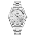 Classic silver couple watch with rhinestone bezel and DQG metallic strap on white background - Silver Stainless Steel Band