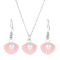 Pink shell jewelry set with necklace and earrings featuring white pearls in silver frame - Necklace + Earrings Set / Silver Tone Pink Shell