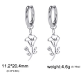 Silver stainless steel huggie earrings featuring hollow rose charms and size specs - Steel Color Morning Glory