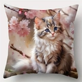 Modern cute long-haired cat and cherry blossom print on linen decorative cushion cover - Style 11 / 45*45cm (No Core)