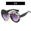 Oversize round sunglasses with black frame, purple gradient lenses and rhinestone floral detail - One Size / Bright Black / Gradient Gray