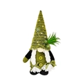 Gnomo lavorato a maglia verde con decorazione succulenta e trecce su sfondo bianco - Modello Donna - Gnomo con Piante Grasse e Cappello Verde (Trecce Bianche)