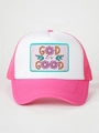 Detail of God is Good embroidery on a pink and white mesh trucker hat with curved brim - Adjustable / Rose Red