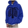 Blue hooded sweatshirt with fleece lining and black rib cage bone print for men and women - S / Tops / Blue