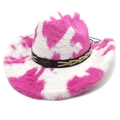 Close-up of pink cow print cowboy hat featuring plush texture and bronze bull head metal stud - M (56-58cm) / Straight Top / Pink and White Cow Print