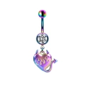 Rainbow plated stainless steel navel ring featuring a devil heart with flame pattern - Rainbow Devil Heart