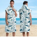 Adult hooded changing robe with blue shark and coral print on absorbent microfiber fabric - Sleeveless Zipper Style - White Shark Group