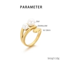 Detail of 19mm wide golden stainless steel ring with two white shell pearls - US 6 / Gold Double Pearl Open Style (KR111090-K)