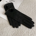 Cute black faux suede gloves for women featuring warm fur pom-poms on the wrists - Pom Pom / Black