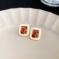 Detail of vintage square earrings with colorful floral inlay in a porcelain dish - 4# Silver Earring Post - Off-white Floral Style