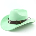 Detail of mint green western cowboy hat with brown leather band and metal bull head icon - M (56-58cm) / Fruit Green