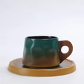 Japanese retro ceramic coffee cup set with dark green gradient glaze and wood handle - 215-d Wooden Handle Coffee Mug + Saucer Dark Green 300ml / Universal