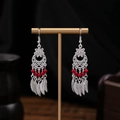 Ethnic style silver earrings with red beads and feather charms on golden T-stand - Feather Tassel Red Beads Style (E3924/Red)